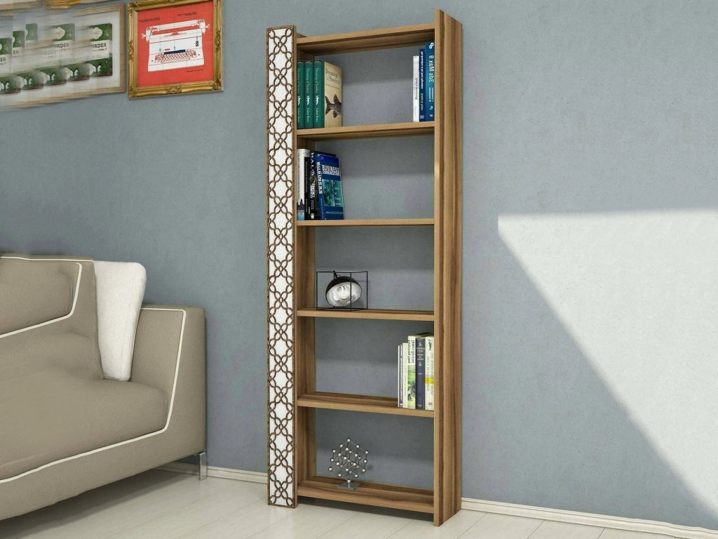 Libreria Vele, Scaffale da ufficio, Mobile portalibri, Biblioteca, 65x24h170 cm, Noce e Bianco