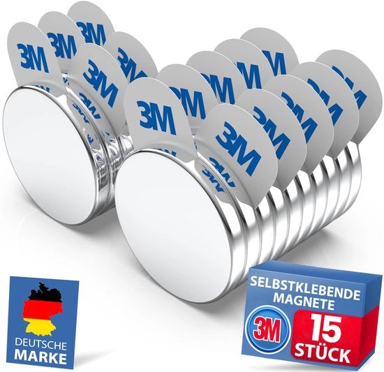 Set di Magnetici Neodymium [LIJM 3M FORTE] Maxi-Pack 15 pezzi (20x3mm) | con adesivi magnetici 3M | Magnetici potenti per aziende, whiteboard, foto e frigoriferi