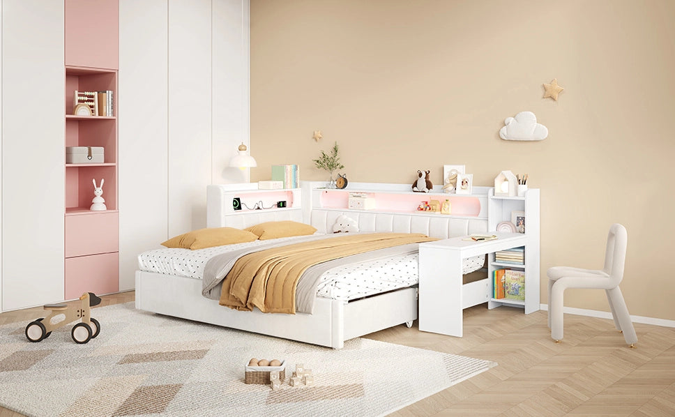 Divano Letto Imbottito Bianco 90x200 cm con Letto Estraibile 180x200 cm, USB, LED e Scrivania Integrata