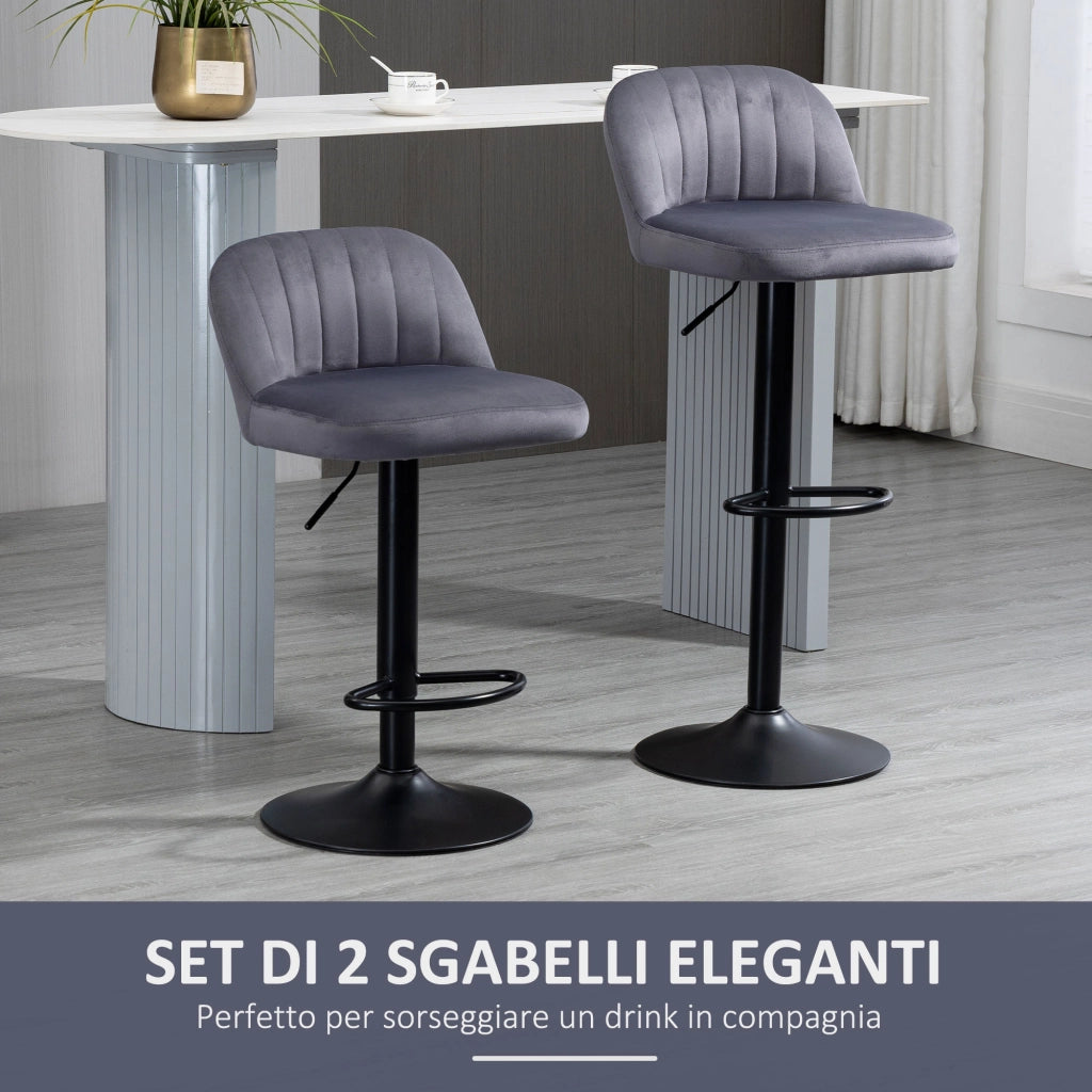 EasyComfort Set 2 Sgabelli Alti da cucina Moderno con Schienale e Poggiapiedi, Girevoli con Altezza Regolabile, imbottitura velluto, Grigio