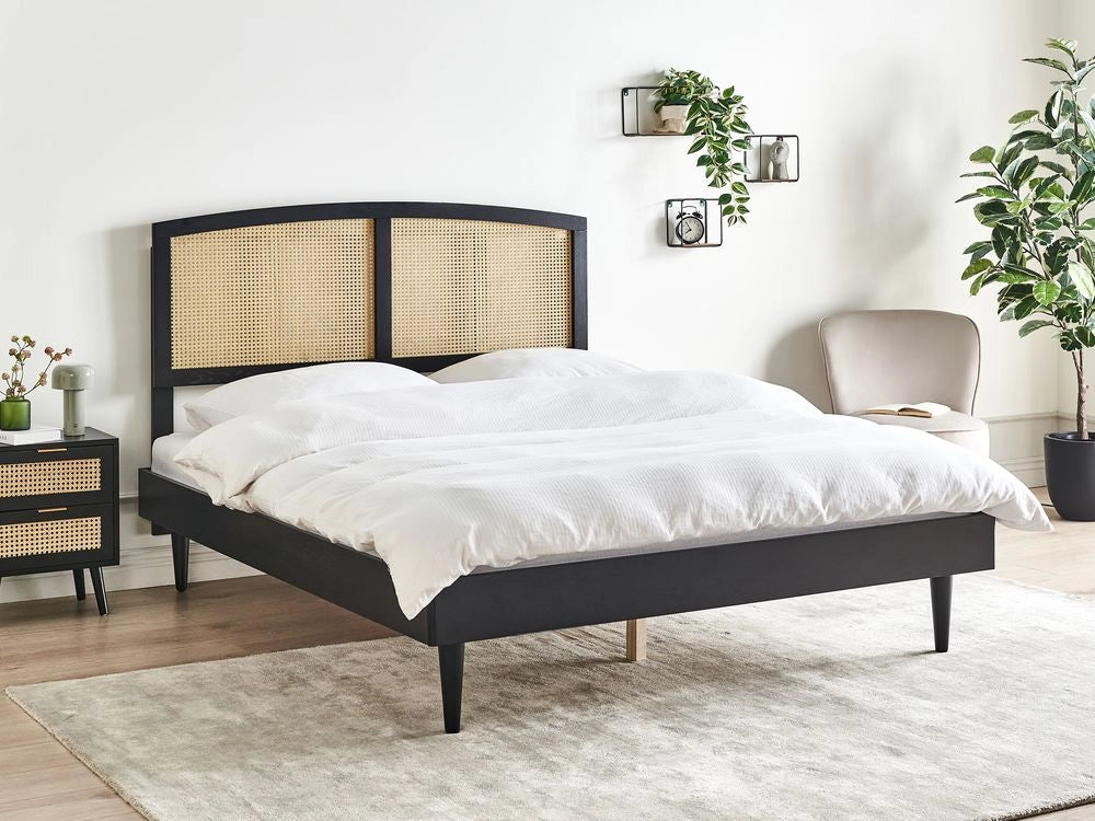 Letto matrimoniale con testata con base a doghe in legno di gomma nero 160 x 200 cm stile moderno minimalista