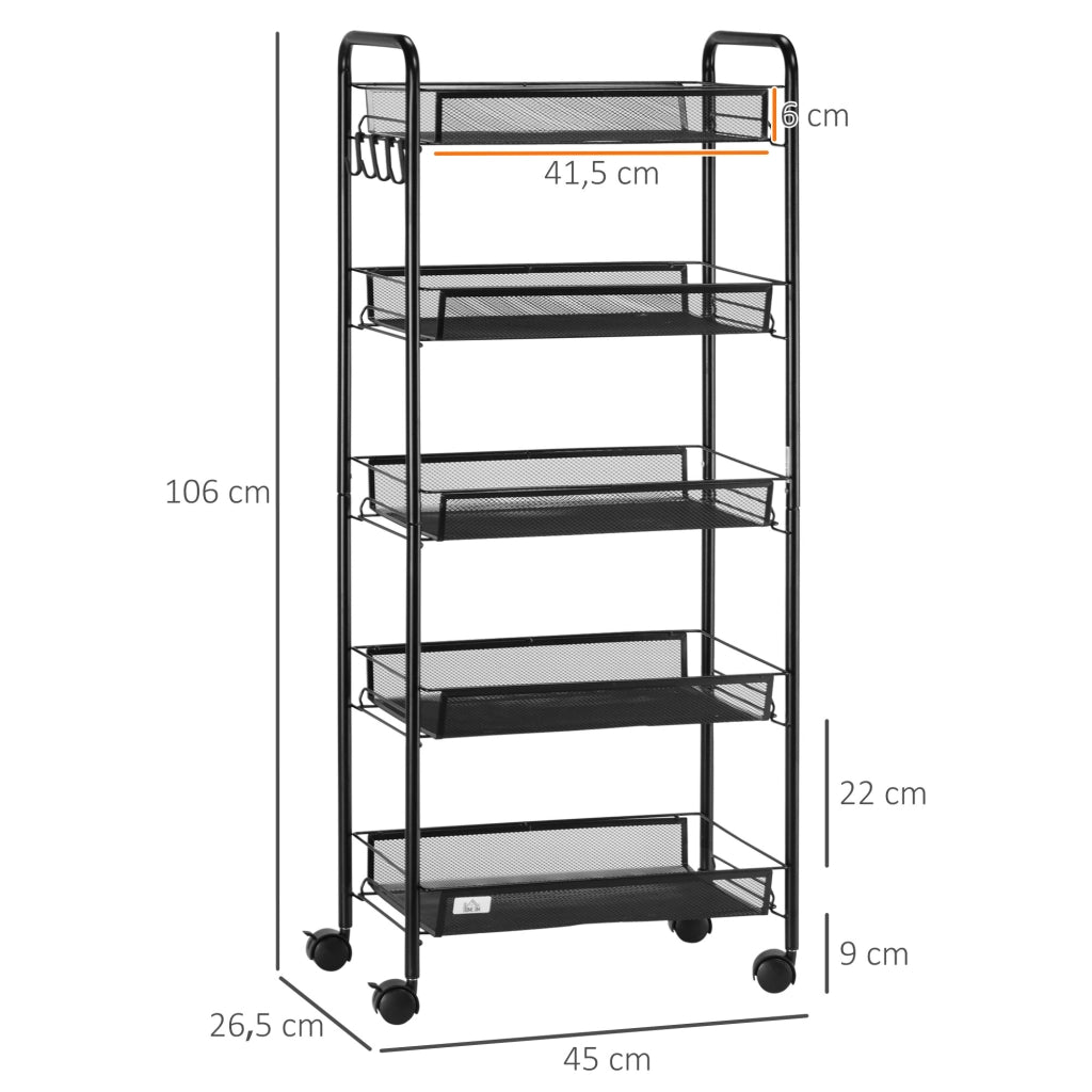 Carrello Portautensili 5 Livelli con Cestini ¨C zephmum ¨C 45x26.5x106 cm Nero