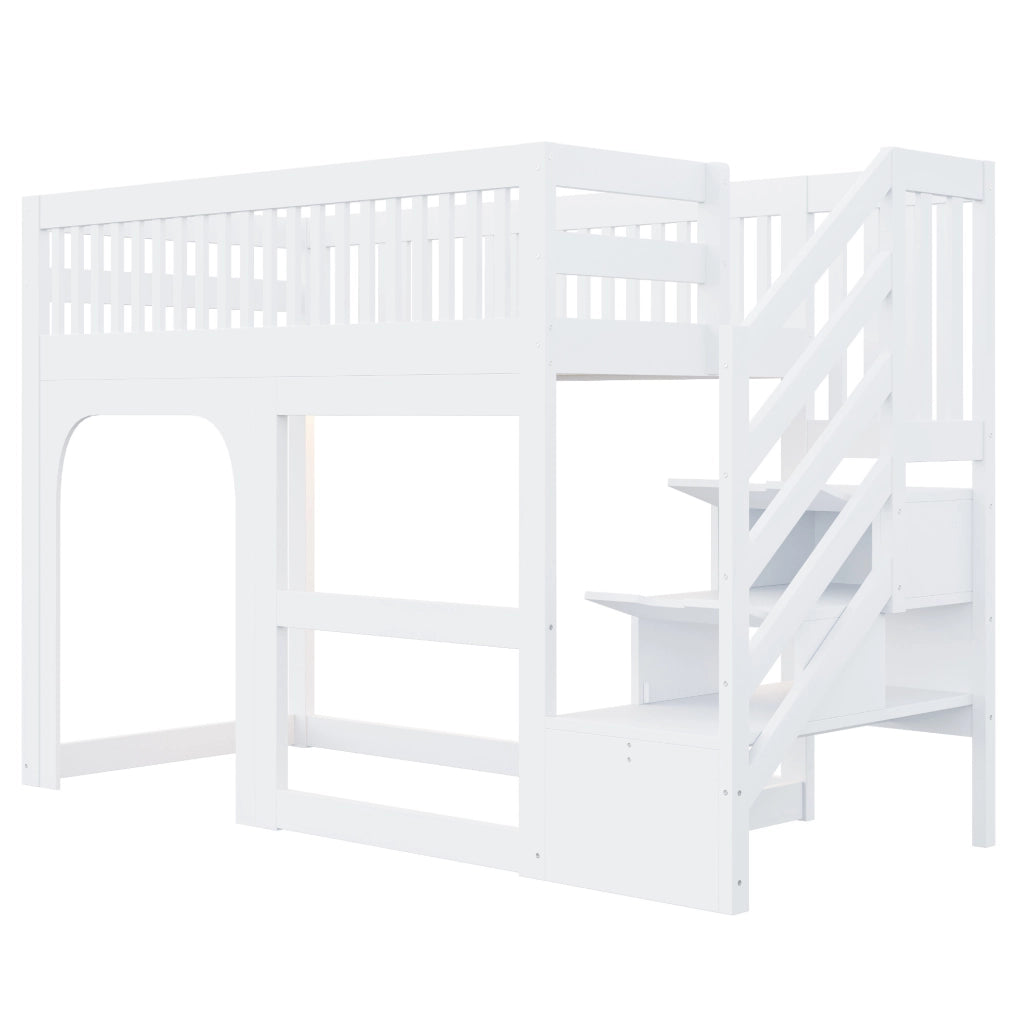 Letto a soppalco per bambini 90x200 cm in legno bianco con scala contenitore e LED