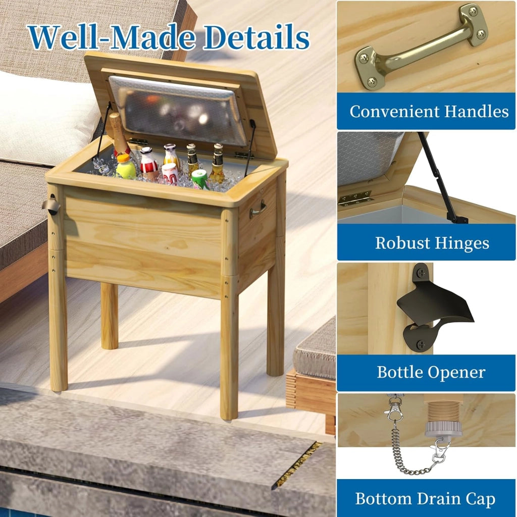 Frigorifero per rotelle, 51 l, bar all'aperto mobile 67 x 47 x 74 cm, tempo di mantenimento 2-4 ore, materiale in legno di pino solido, per giardino, terrazza, piscina, bistrot, naturale