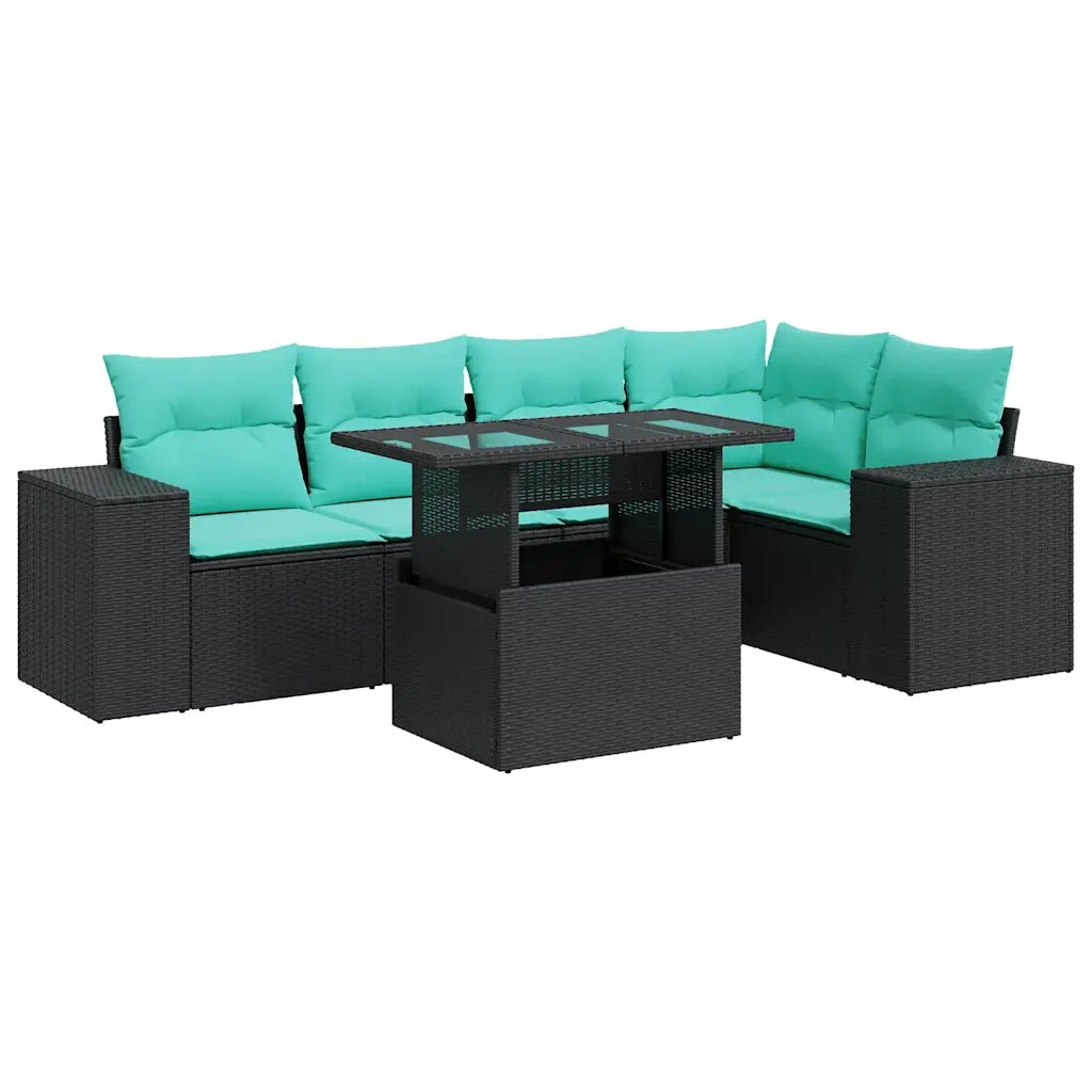 Set Divani da Giardino 6 pz con Cuscini Nero Polyrattan Acacia