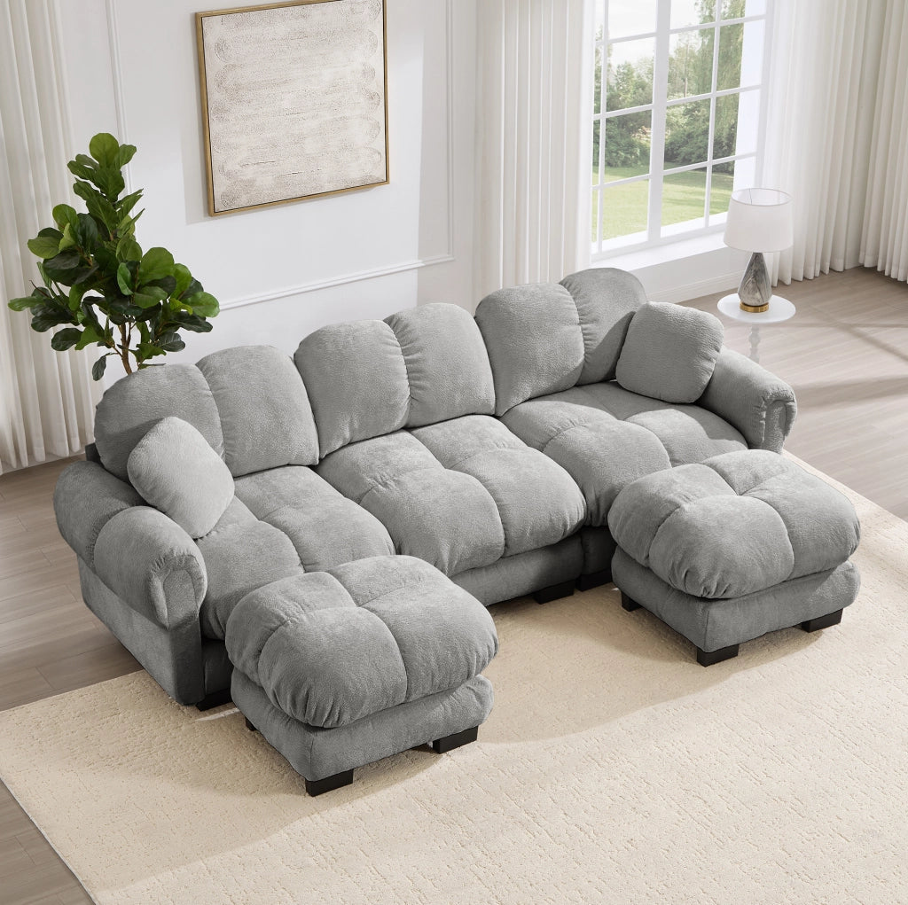 Divano modulare in chenille grigio chiaro 260x149x90 cm; configurazione a U o L con pouf mobile