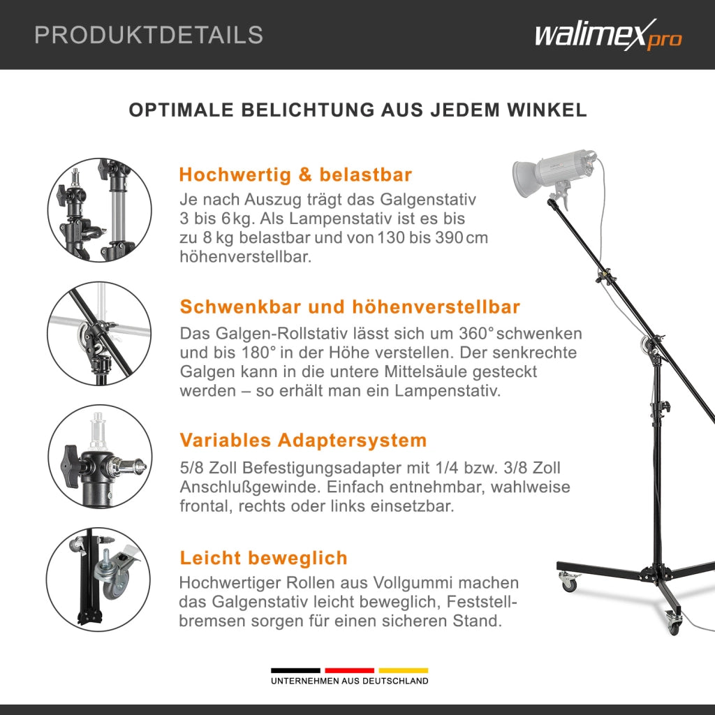 Stativo a giraffa con ruote, treppiede regolabile in altezza da 130 a 390 cm, braccio telescopico estensibile da 115 a 215 cm, stabile supporto per lampade da studio, softbox e riflettori