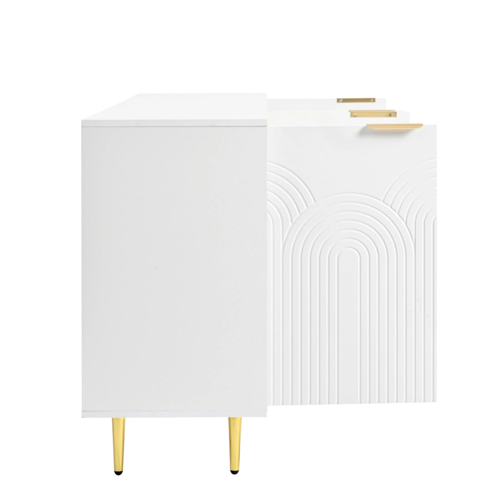 Credenza bianca 160x80x40 cm con 4 ante, ripiani regolabili e dettagli oro