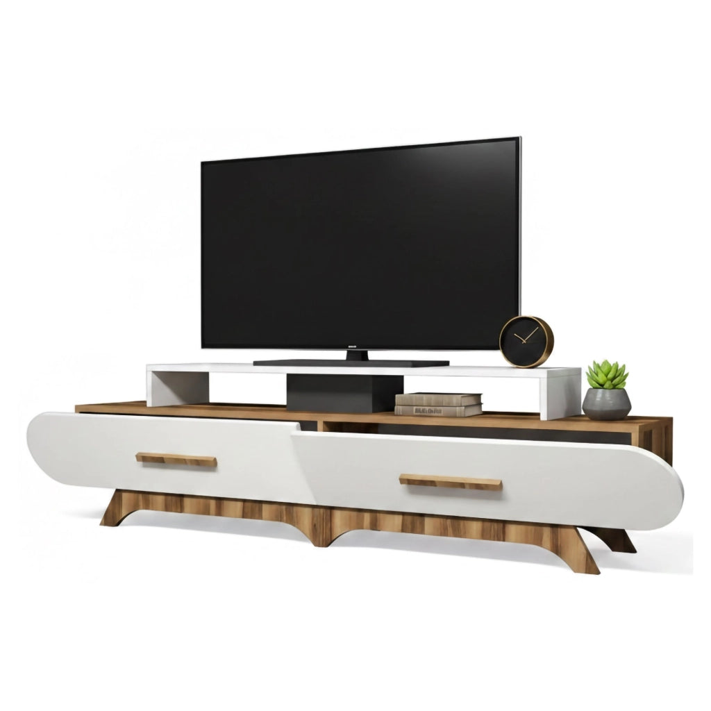 Mobile porta TV Massima, Credenza da soggiorno, Armadio basso per TV, Base parete attrezzata, 205x37h50 cm, Noce e Bianco