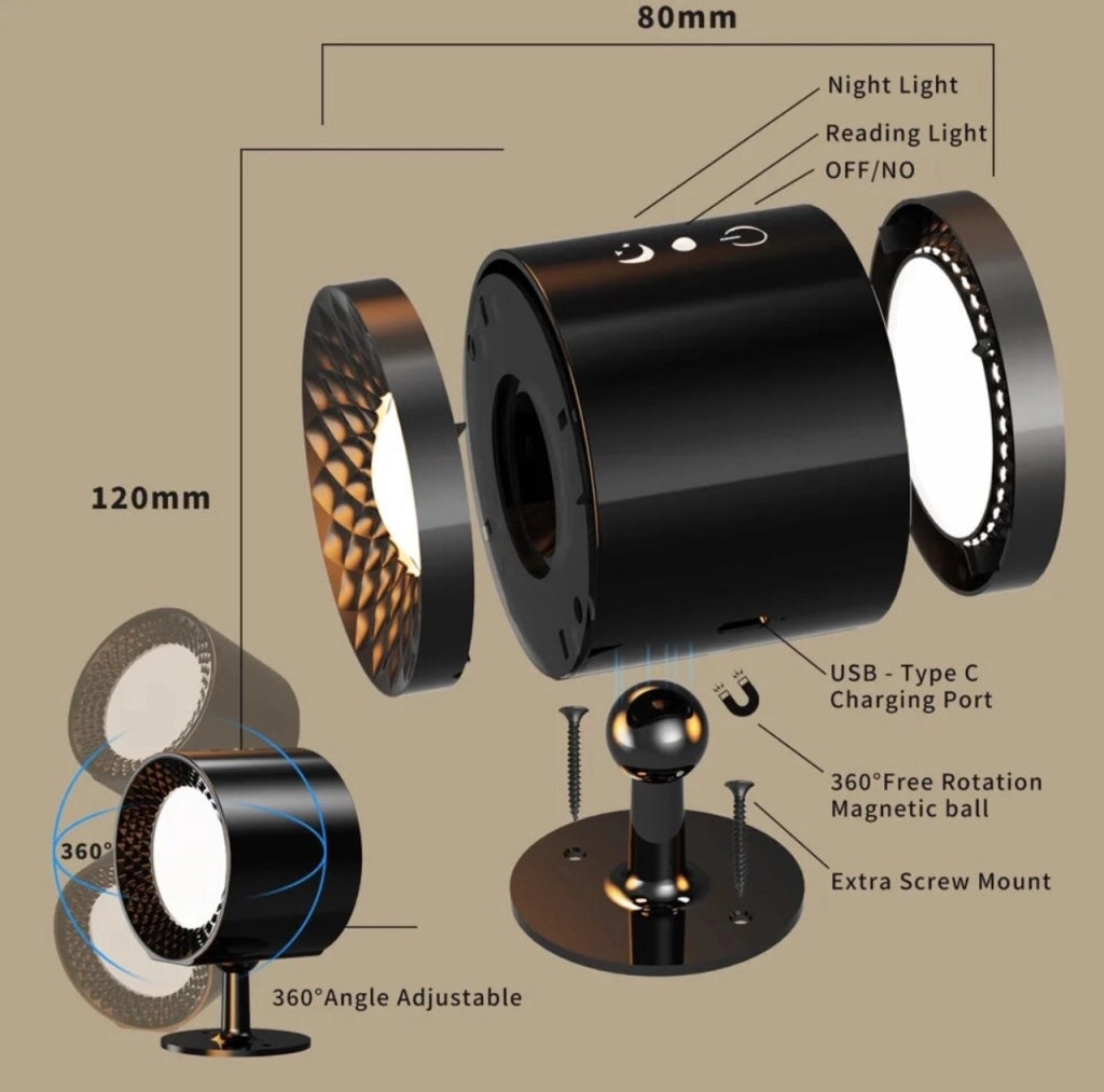 Applique Lampada doppio LED da parete a Batteria ricaricabile USB Controllo Touch o telecomando 3 Temperature CCT Rotazione di 360° Nero