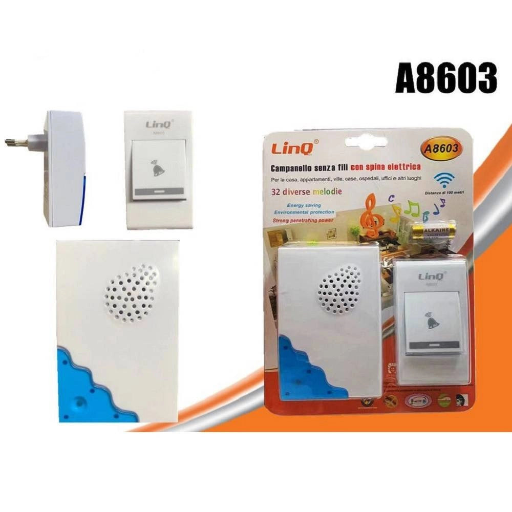 Trade Shop - Campanello Wireless Spina Elettrica Senza Fili 32 Melodie Casa A8603 Distanza 100mt -