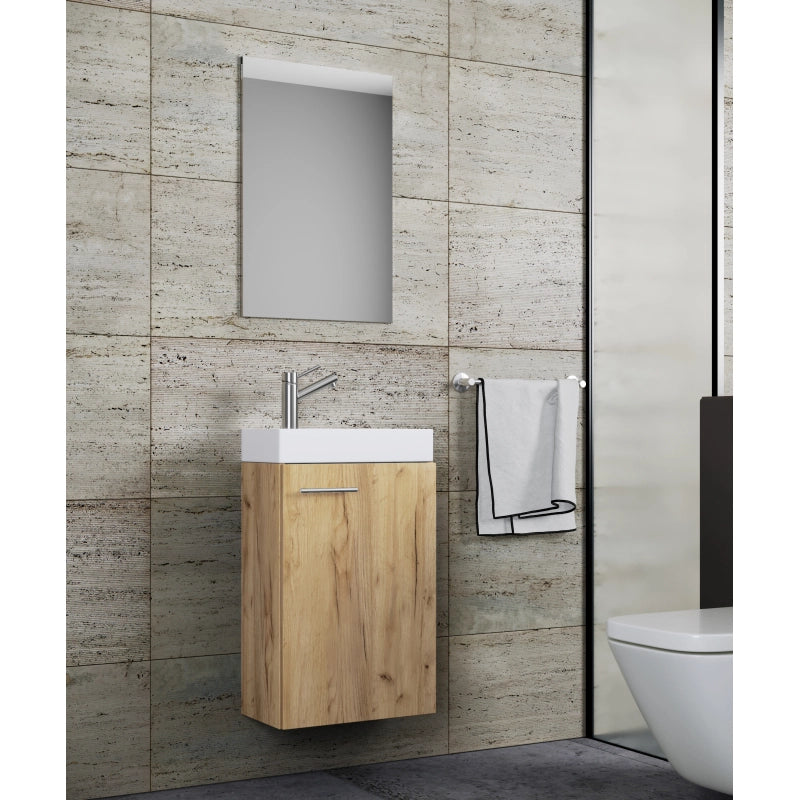LineaViva Mobile Sospeso con lavabo in ceramica di alta qualità e specchio, Rovere miele , lavabo Bianco