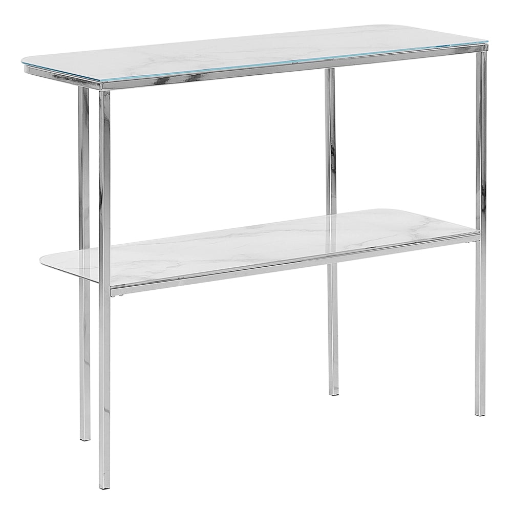Consolle Bianco Argento Vetro Temperato Acciaio 100 x 35 cm Effetto Marmo Glam Moderno Soggiorno Camera Da Letto Corridoio