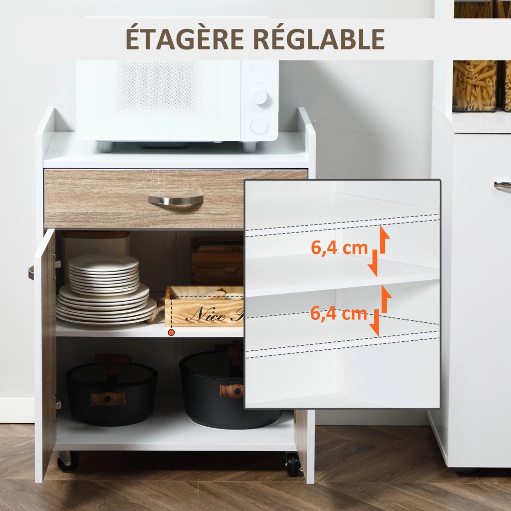 Carrello da cucina con ripiani e cassetti ¨C zephmum ¨C bianco effetto quercia