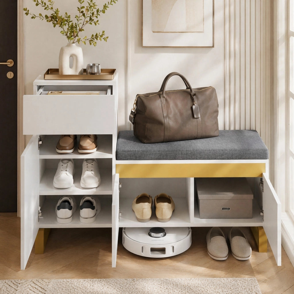 SCARPIERA con panca 120x35x85 cm Bianco Lucido e Oro