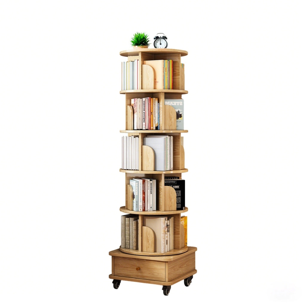 Libreria girevole 360° con ruote e cassetto, colore legno, salvaspazio per casa e ufficio