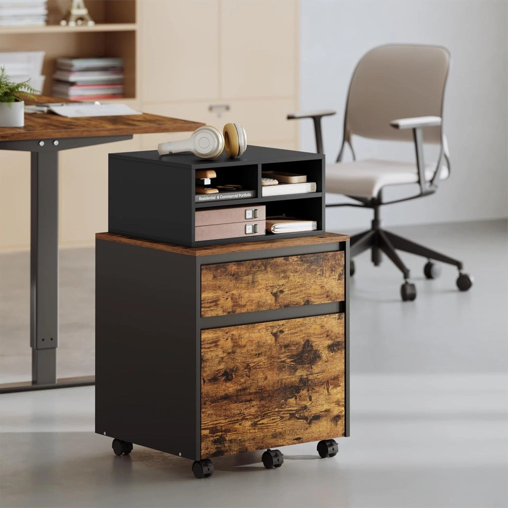 Schedario da Ufficio a 2 Livelli con Custodia, Porta Stampante da Scrivania in Legno con 3 Scomparti per l'Ufficio, 47x40x22,5cm, Nero, ASK15sz