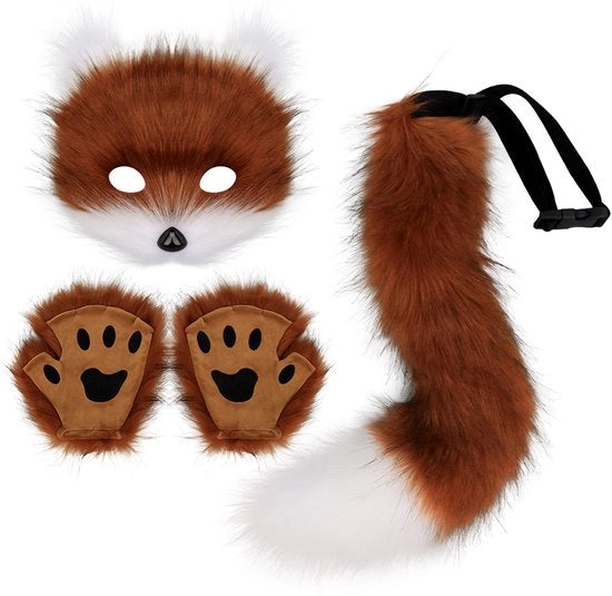 Set di Halloween, guanti con maschera di lupo finto, coda di lupo in peluche, coda artigianale di animale e accessori, set a tre pezzi in rosso, marrone e bianco