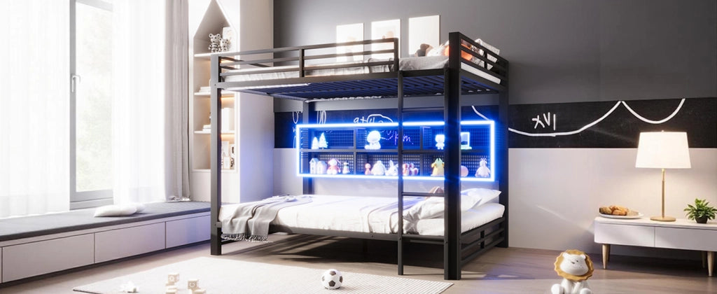 DESMIU Letto a castello 140 × 200 cm 2 posti con 6 vani e LED, senza materasso, in metallo, nero