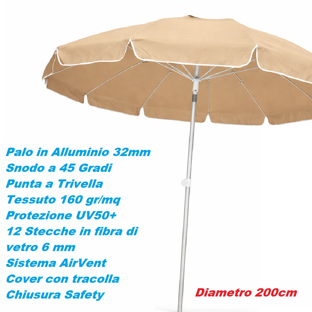 Ombrellone Mare Spiaggia 200 cm 12 Stecche Antivento Alluminio UV50+ Inclinabile Custodia