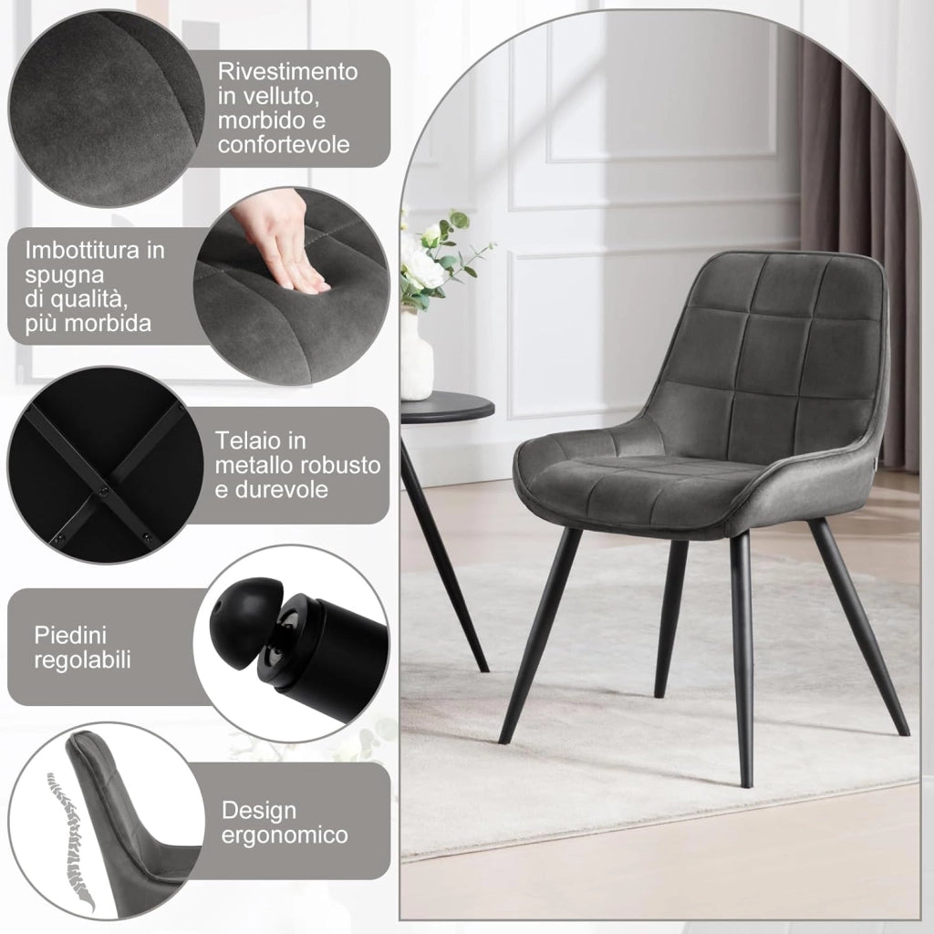 Set di 6 Sedie da Pranzo con Schienale Curvo, Sedie Ergonomiche in Velluto e Metallo, Poltroncina imbottita per Salotto, Ufficio, Camera da Letto, Grigio scuro BH331dgr-6