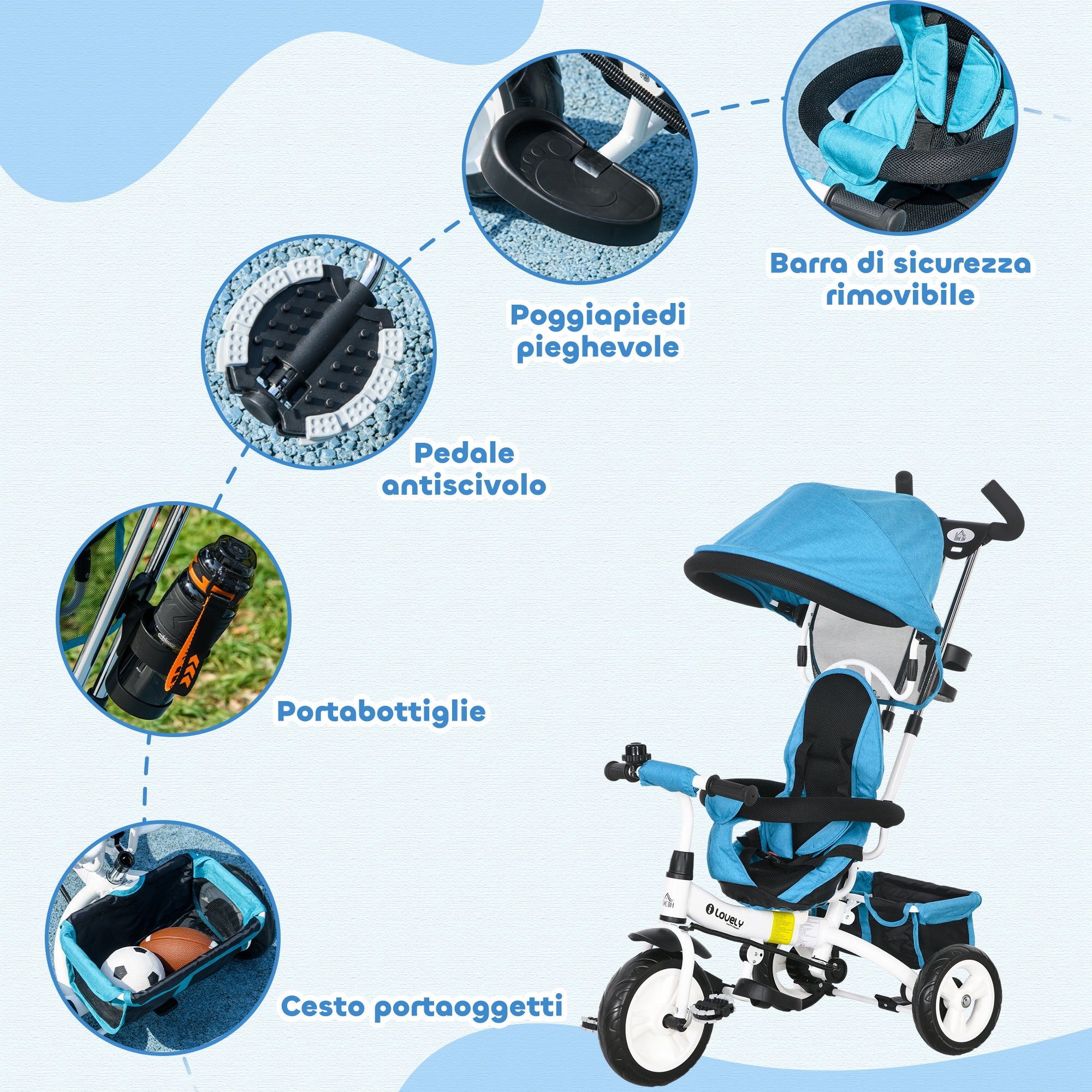 Triciclo Passeggino per Bambini con Maniglione 95x50x106 cm con Cintura di Sicurezza Blu