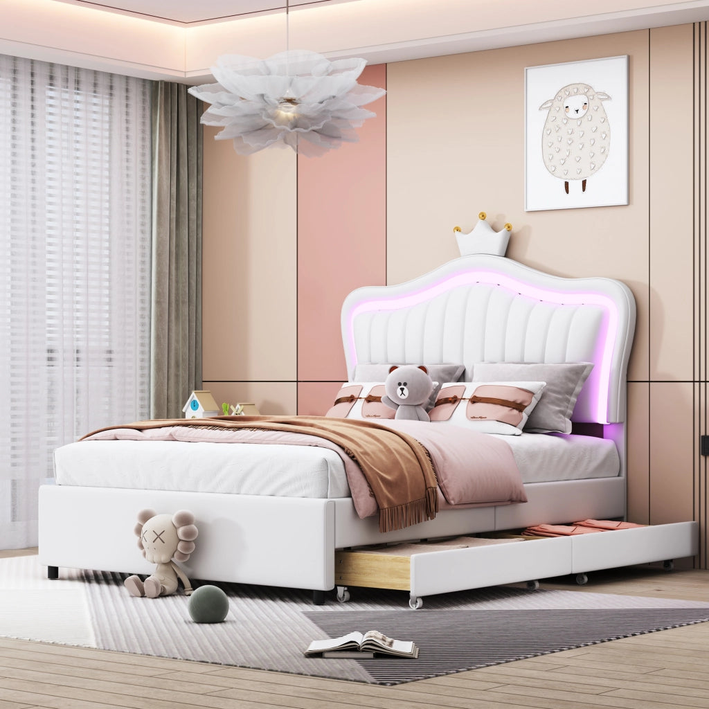Letto per bambini 1 posto con 2 cassetti, LED e testiera regolabile 90 × 200 cm, senza materasso