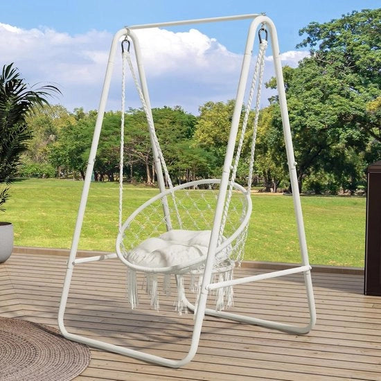 Sedia a sospensione con standard 85 x 92 x 153 cm - Standard per sedia a sospensione in acciaio con capacità di 100 kg - Bianco - Per soggiorno, camera da letto, cortile interno, giardino e terrazza con cuscino