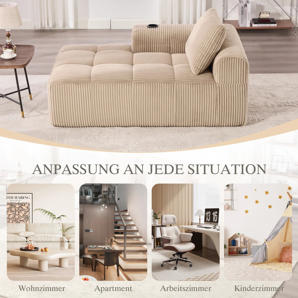 DIVANO Compatto 158x93x61 cm in Corduroy Khaki con tasche laterali e portabicchieri