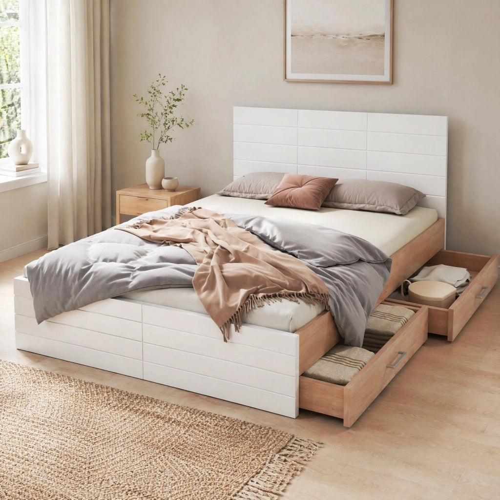 Letto matrimoniale 180x200 cm in legno con 2 cassetti, rete a doghe, bianco e quercia