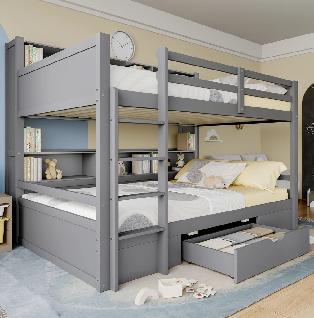 Letto a castello 90x200 cm con cassetto e vani portaoggetti; pino e MDF; grigio (Senza materasso)
