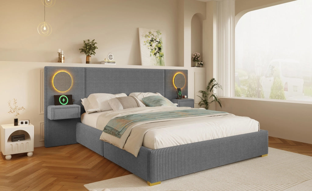 Letto imbottito in velluto grigio 180x200 cm con testiera LED, porte USB e cassetti comodino