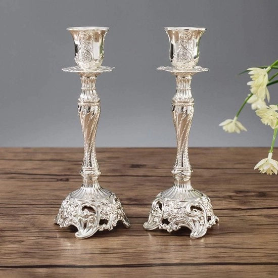Set di Sostegni per Candelabro di Sabato da 2 - Metallo Argentato - Sostegni Decorativi per Candelabri - Per Candelabri di Sabato Taper