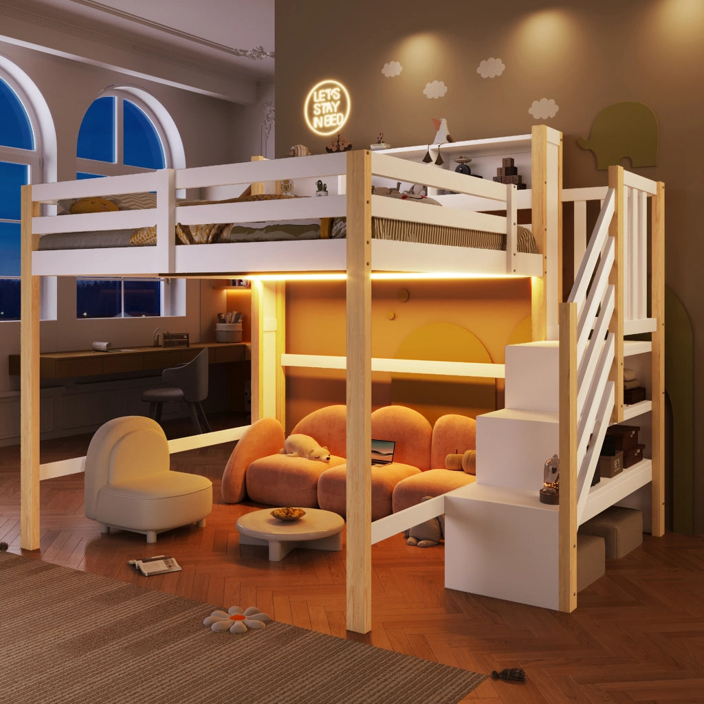 LETTO a soppalco 140x200 cm con LED, scala contenitore, bianco e naturale