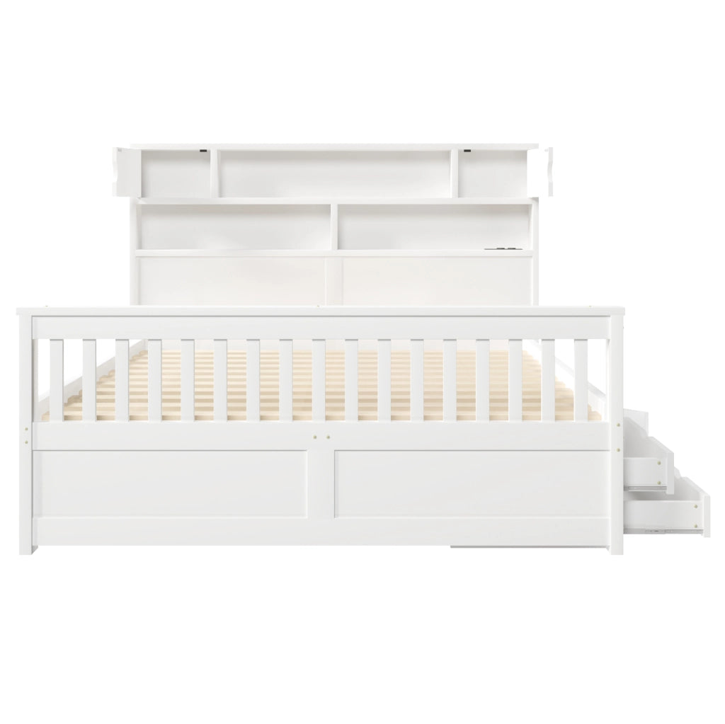 Letto 160x200 cm con cassetti; LED e testiera libreria in MDF e compensato bianco