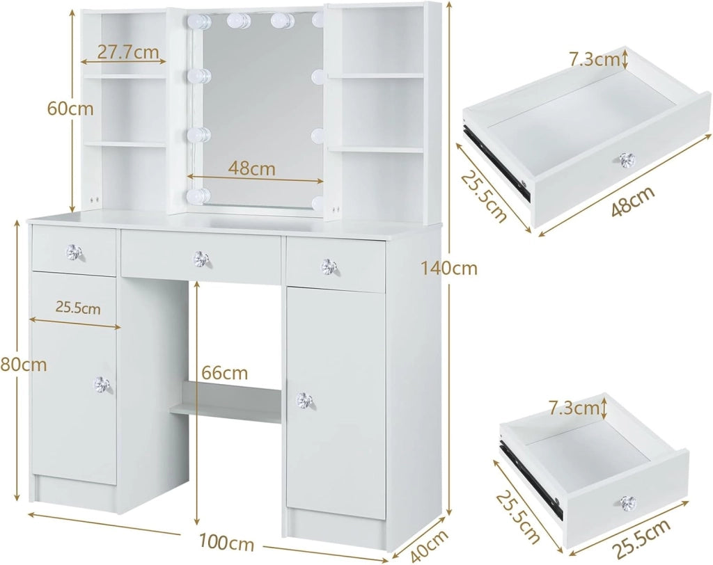 Toeletta con specchio e sgabello, scrivania con 3 cassetti e 4 ripiani, scrivania per trucco con luci LED regolabili, tavolo da trucco per camera da letto, 100 x 40 x 140 cm, bianco, HZ661223