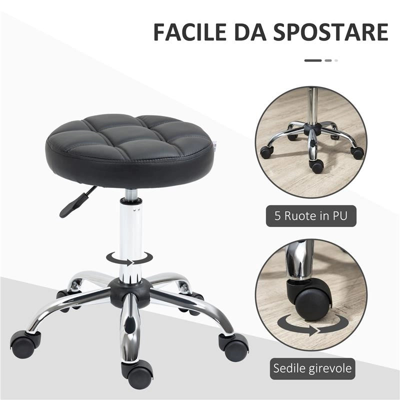 SGABELLO GIREVOLE ROTONDO CON RUOTE, ALTEZZA REGOLABILE E RIVESTIMENTO IN FINTA PELLE, NERO
