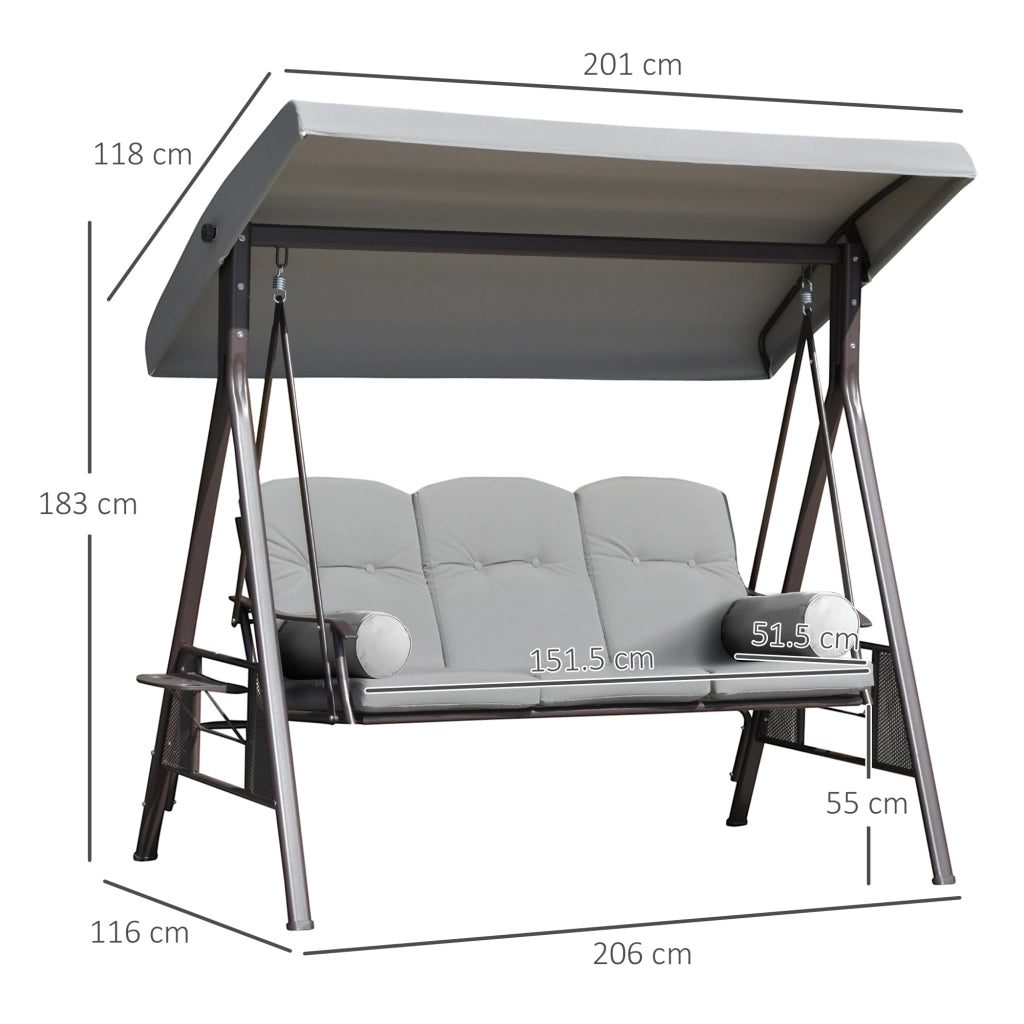 Dondolo da Giardino 3 Posti 208x121x172 cm con Tetto Regolabile Portabicchieri e Cuscini in Metallo e Tessuto Grigio