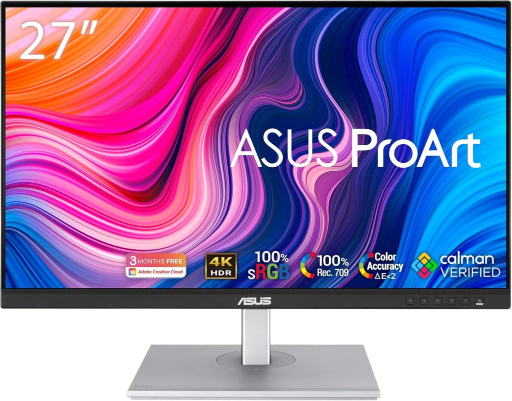 ASUS ProArt PA27JCV Display 27", 5K Ultra HD IPS (5120x2880), HDMI, DisplayPort, Hub USB, Accuratezza del Colore ΔE < 2, 100% sRGB, Nero e Argento