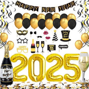 Decorazione di Capodanno 2024, decorazione per festa, Capodanno, Buon Capodanno, bandiera, 2024 enormi palloni, palloni dorati e neri, spirali pendenti, palloni e confetti