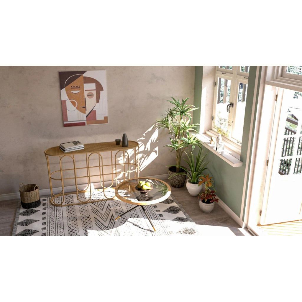 Tavolino da caffè rotondo Saint Barth con piano in vetro, ferro e rattan — Ø 80x46,5 cm