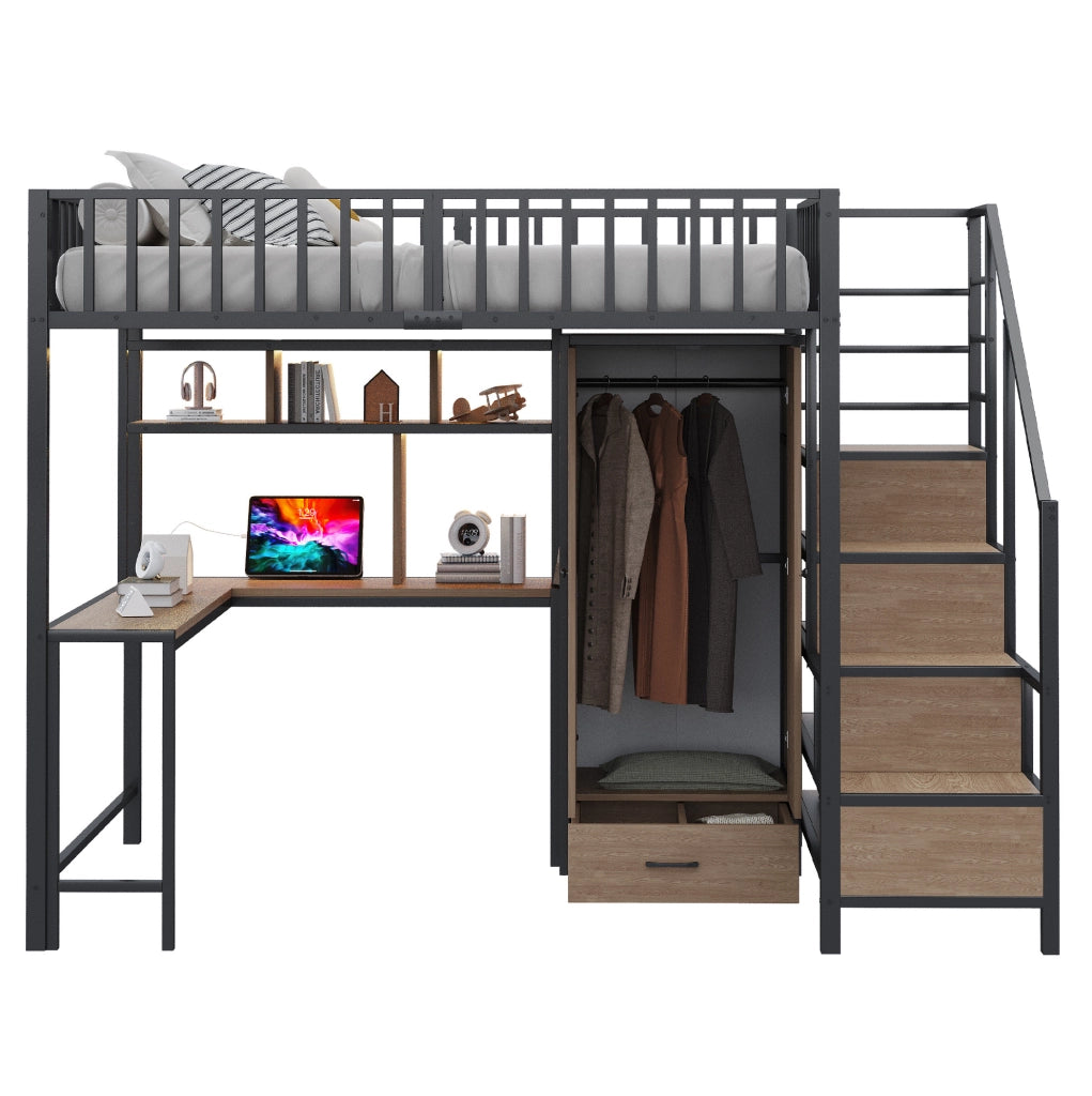 Letto a soppalco 140x200 cm nero in metallo con scrivania, armadio e LED
