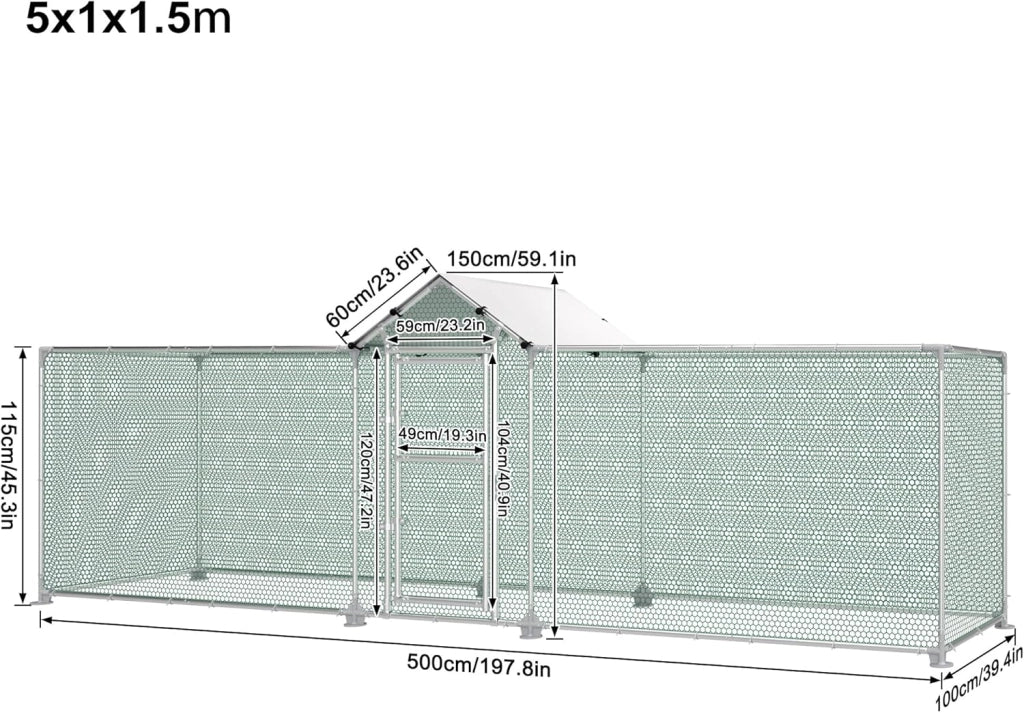 Recinzione per polli da 5 x 1 m, in metallo con protezione solare sul tetto, porta e chiavistello, stabile, per polli, anatra e piccoli animali
