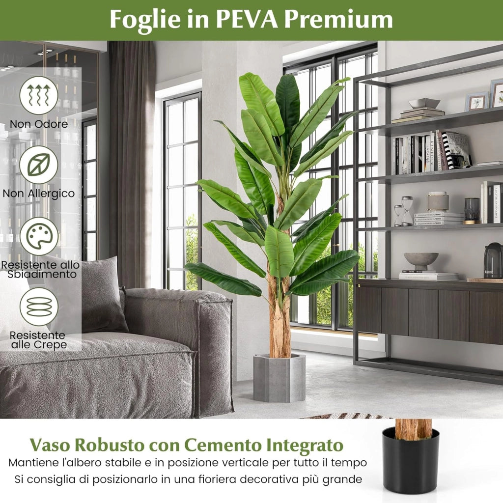 Pianta Finta da Interno ed Esterno 160/165/195 cm, Banano Artificiale Alto con Foglie e Tronchi, Pianta Artificiale Grande in Vaso per Salotto, Ingresso e Ufficio (195 cm)