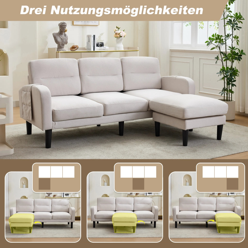 Divano ad angolo 3 posti con chaise longue e tasche laterali, struttura modulare in tessuto beige 204 × 136 × 80 cm