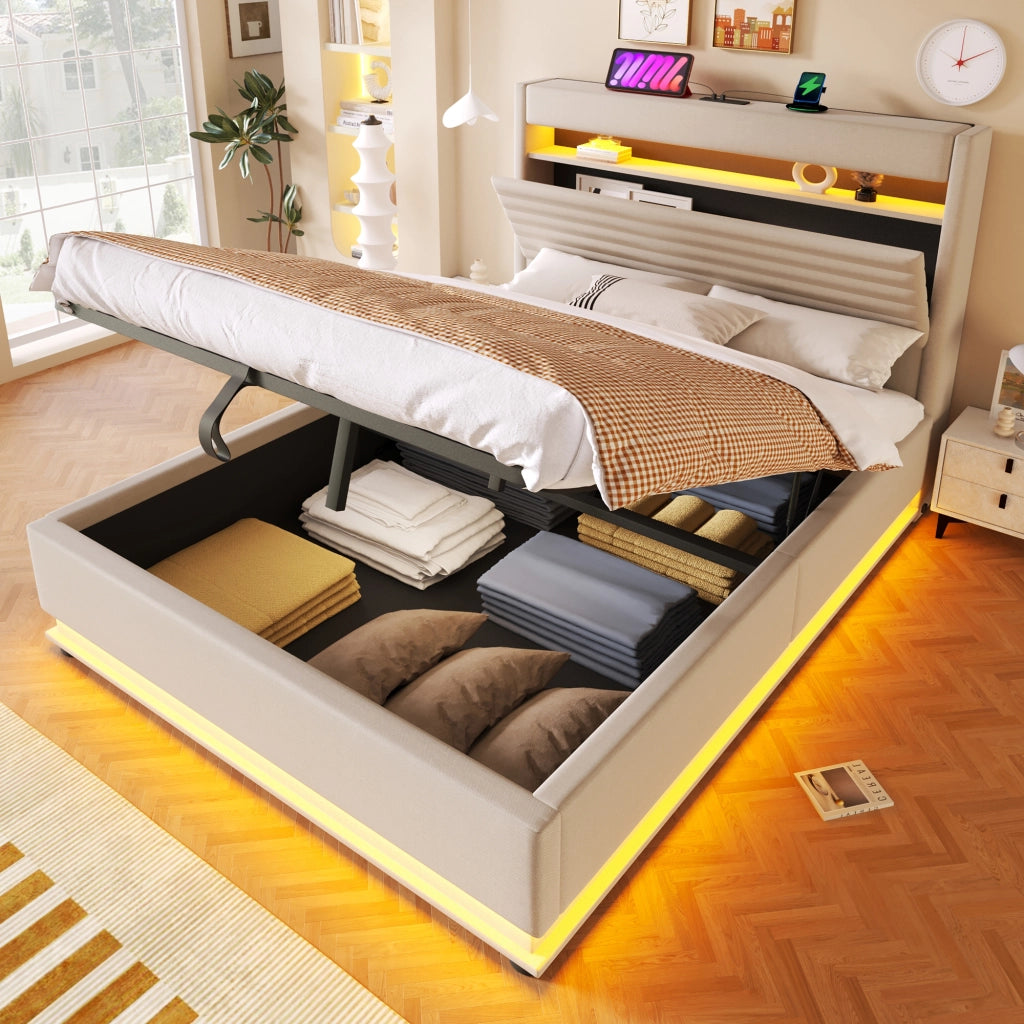 Letto Contenitore 140x200 cm; Letto Matrimoniale; USB; Tipo C e LED Regolabile - Beige