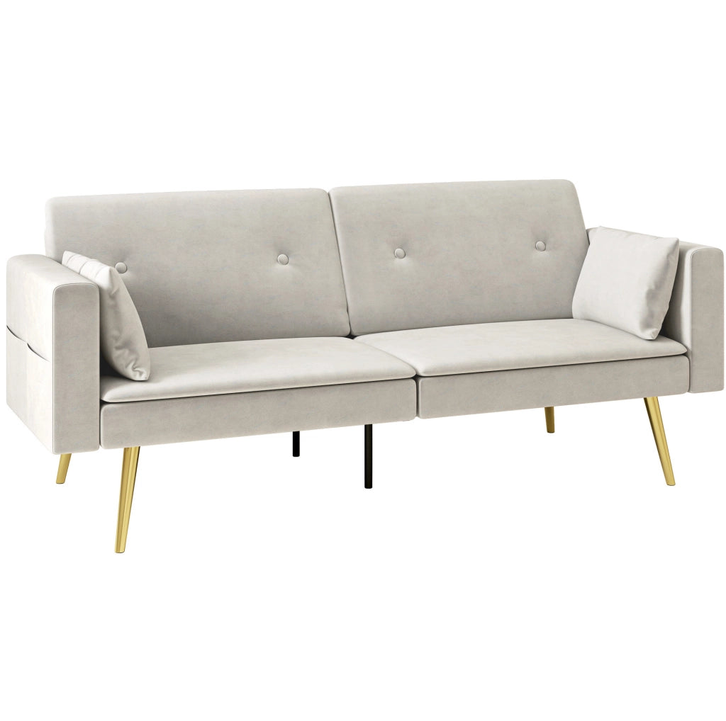 Divano letto imbottito beige con schienale regolabile, tasche laterali e due cuscini confortevoli