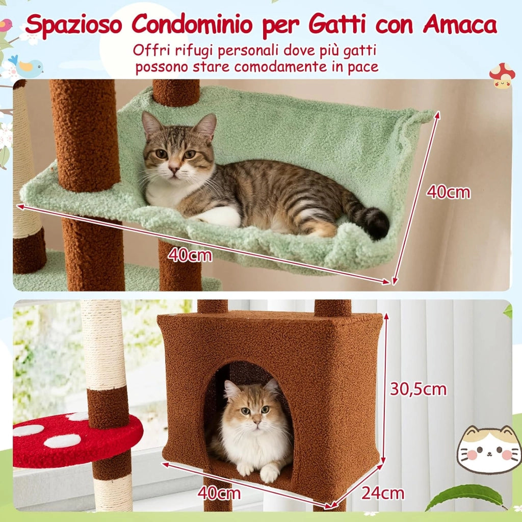 Albero per Gatti da Pavimento a Soffitto, Tiragraffi per Gatti a Forma di Fungo con Altezza Regolabile, Condo, Amaca, Cestino Sospeso Ruotabile, Tiragraffi in Sisal e 2 Palline a Molla