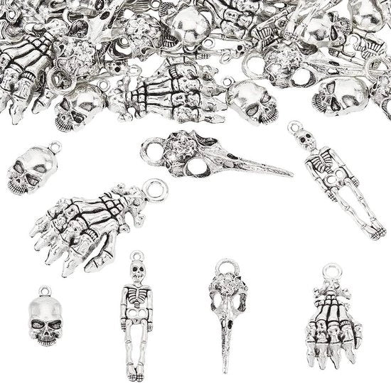 60 pezzi 4 stili Arti ossee metalliche Manopole di teschio Charmo di testa di corvo Testa di corvo Pendente in stile tibetano Pendente per chiave catenella Bracciale per gioielleria Realizzazione di gioielli Metallico
