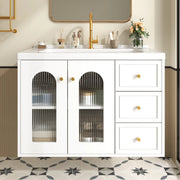 Mobile sottolavabo con lavabo in ceramica, 2 cassetti e anta in vetro, ripiani regolabili, per bagno, bianco
